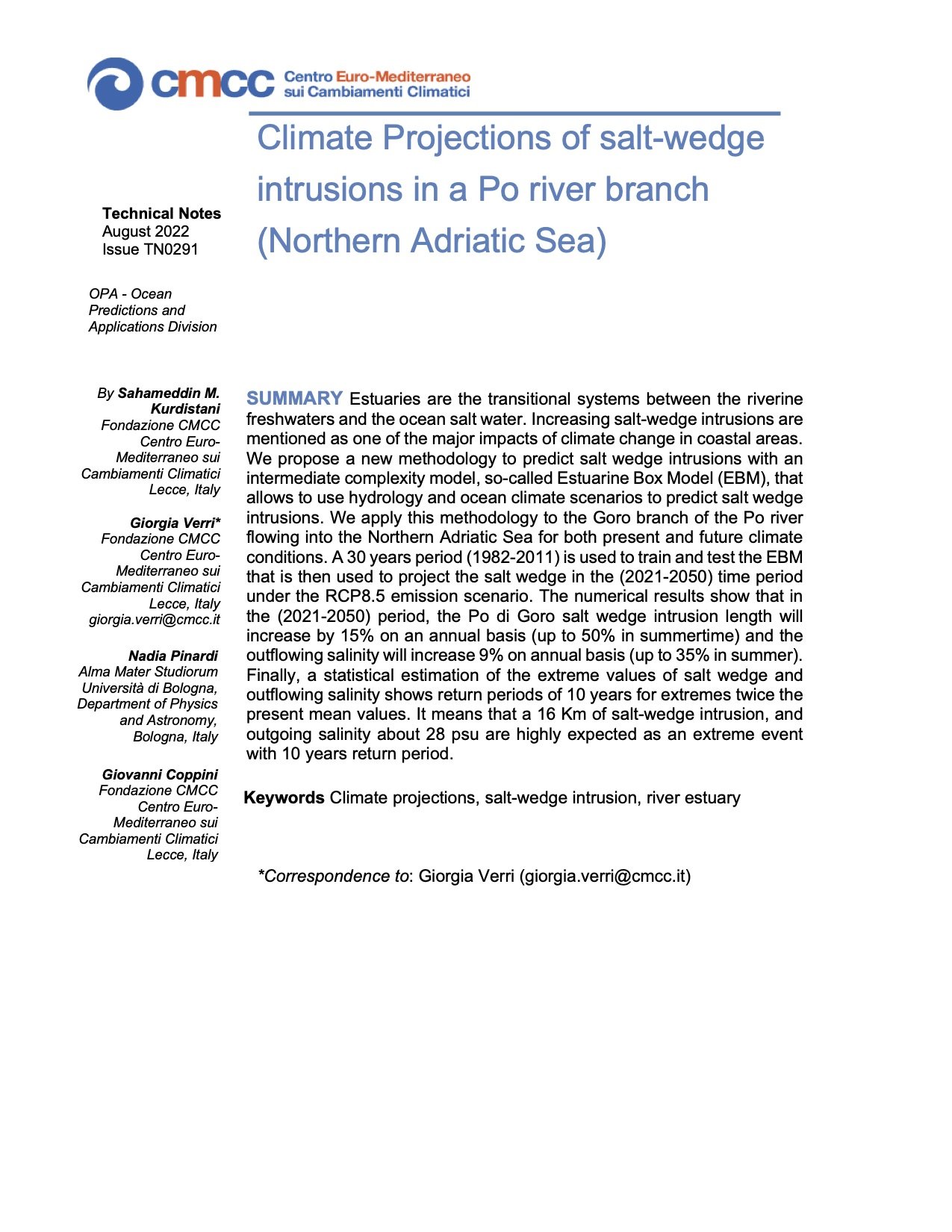 TN0291 – Climate Projections of salt-wedge intrusions in a Po river branch (Northern Adriatic Sea)