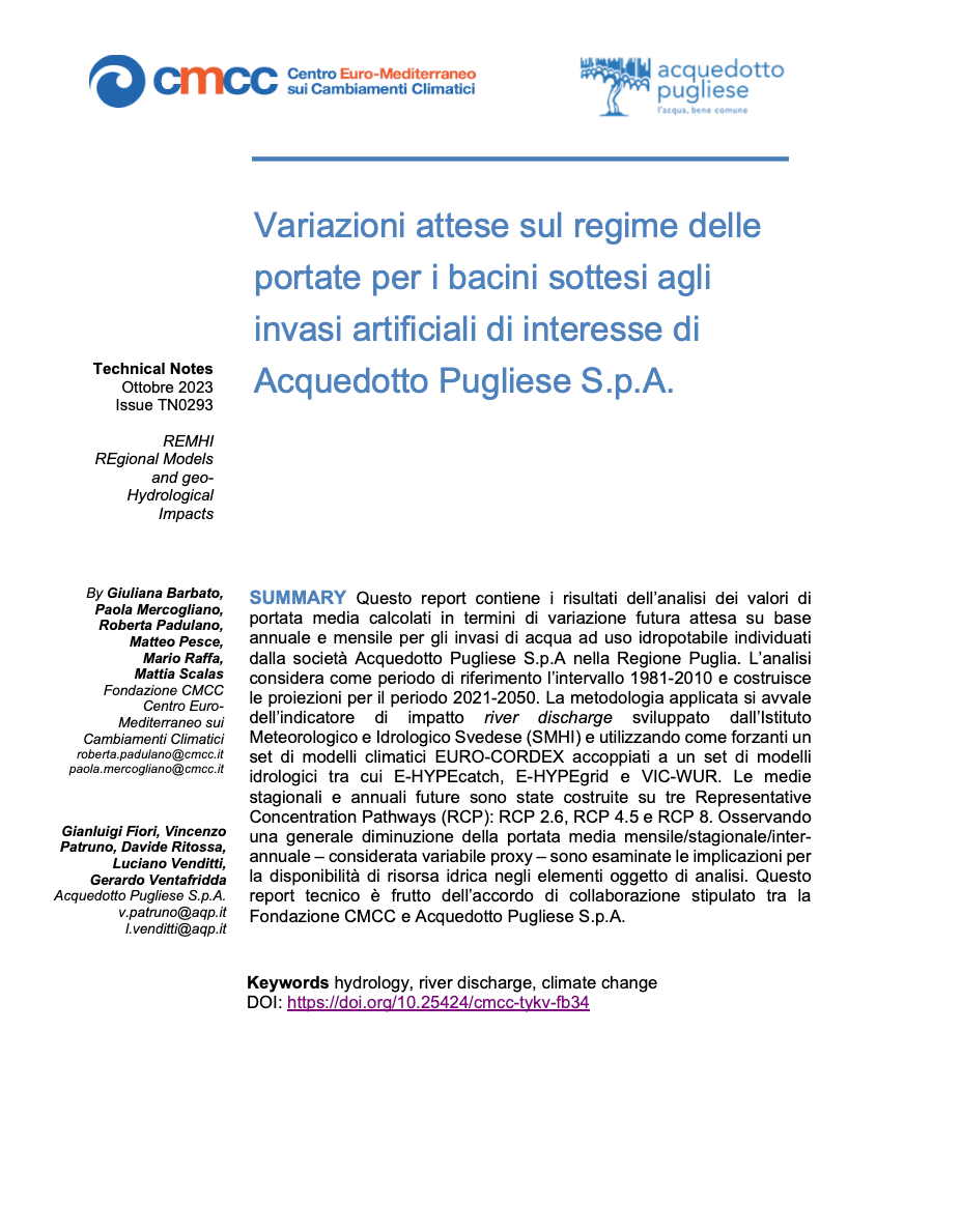 TN0293 – Variazioni attese sul regime delle portate per i bacini sottesi agli invasi artificiali di interesse di Acquedotto Pugliese S.p.A.