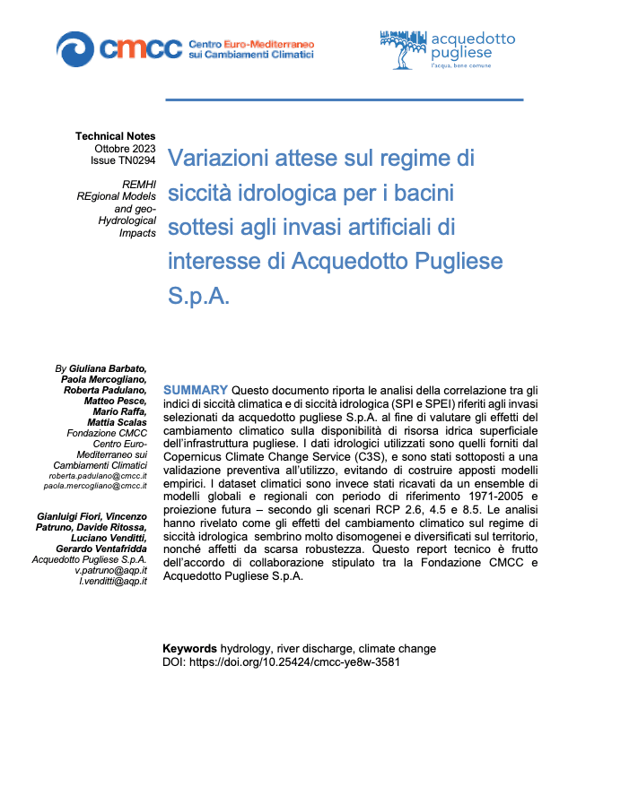 TN0294 – Variazioni attese sul regime di siccità idrologica per i bacini sottesi agli invasi artificiali di interesse di Acquedotto Pugliese S.p.A.