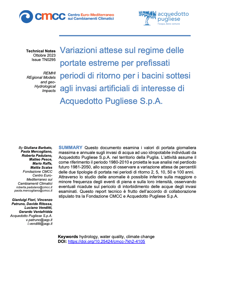 TN0295 – Variazioni attese sul regime delle portate estreme per prefissati periodi di ritorno per i bacini sottesi agli invasi artificiali di interesse di Acquedotto Pugliese S.p.A.