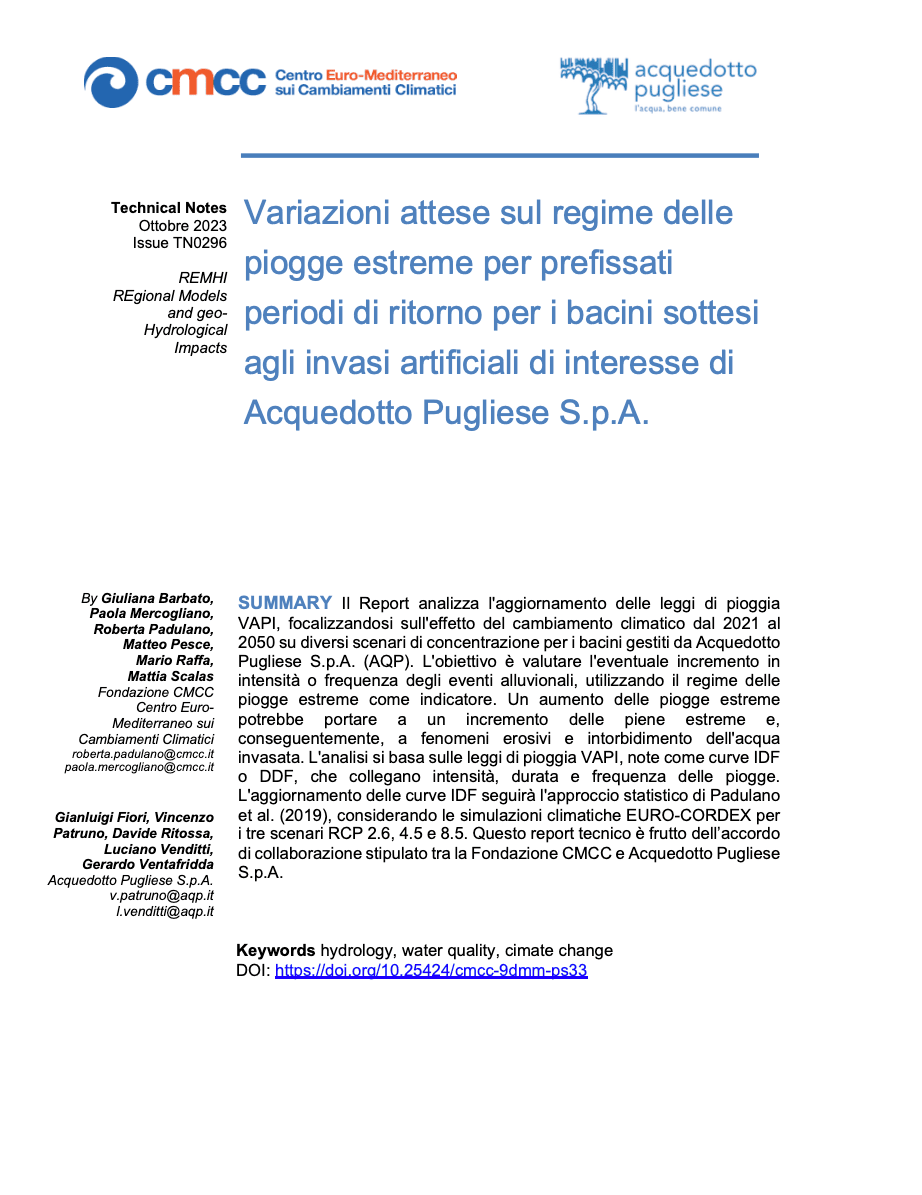 TN0296 – Variazioni attese sul regime delle piogge estreme per prefissati periodi di ritorno per i bacini sottesi agli invasi artificiali di interesse di Acquedotto Pugliese S.p.A