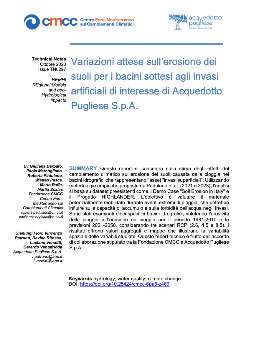 TN0297 – Variazioni attese sull’erosione dei suoli per i bacini sottesi agli invasi artificiali di interesse di Acquedotto Pugliese S.p.A.