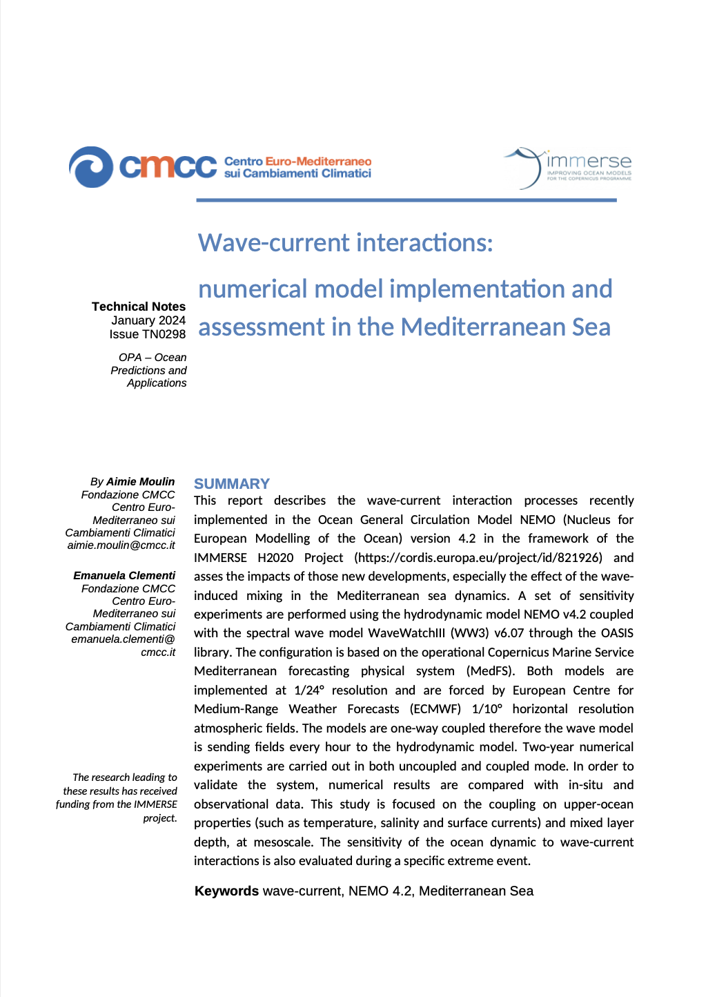 TN0298 – Wave-current interactions: numerical model implementation and assessment in the Mediterranean Sea