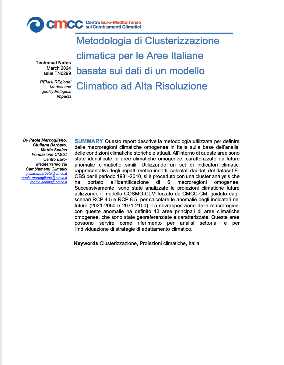 TN0299 – Metodologia di Clusterizzazione climatica per le Aree Italiane basata sui dati di un modello Climatico ad Alta Risoluzione