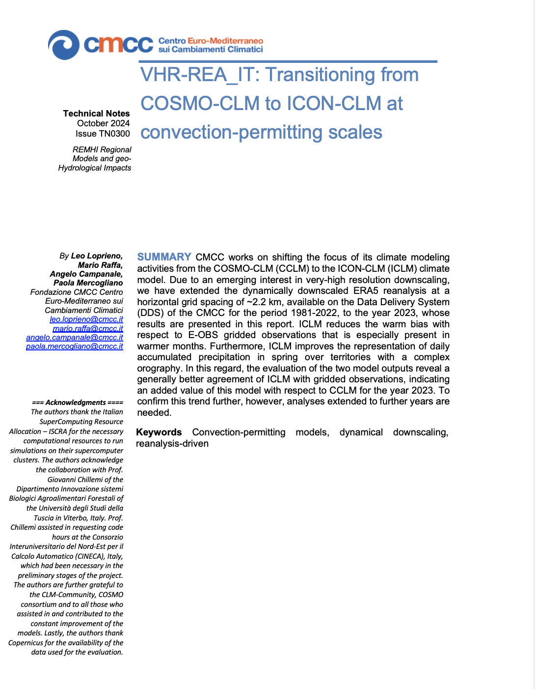TN0300 – VHR-REA_IT: Transitioning from COSMO-CLM to ICON-CLM at convection-permitting scales