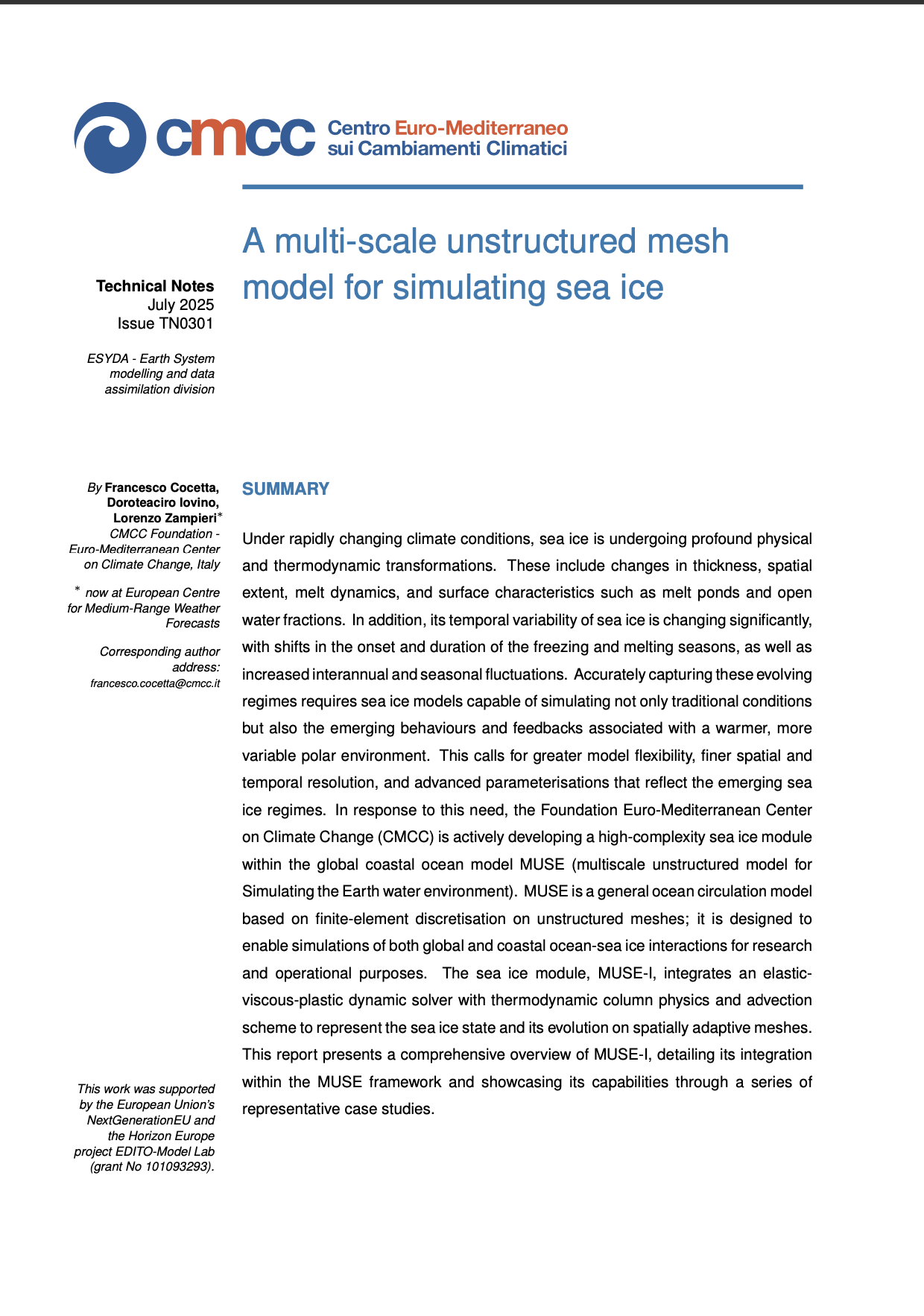 TN0302 – A multi-scale unstructured mesh model for simulating sea ice
