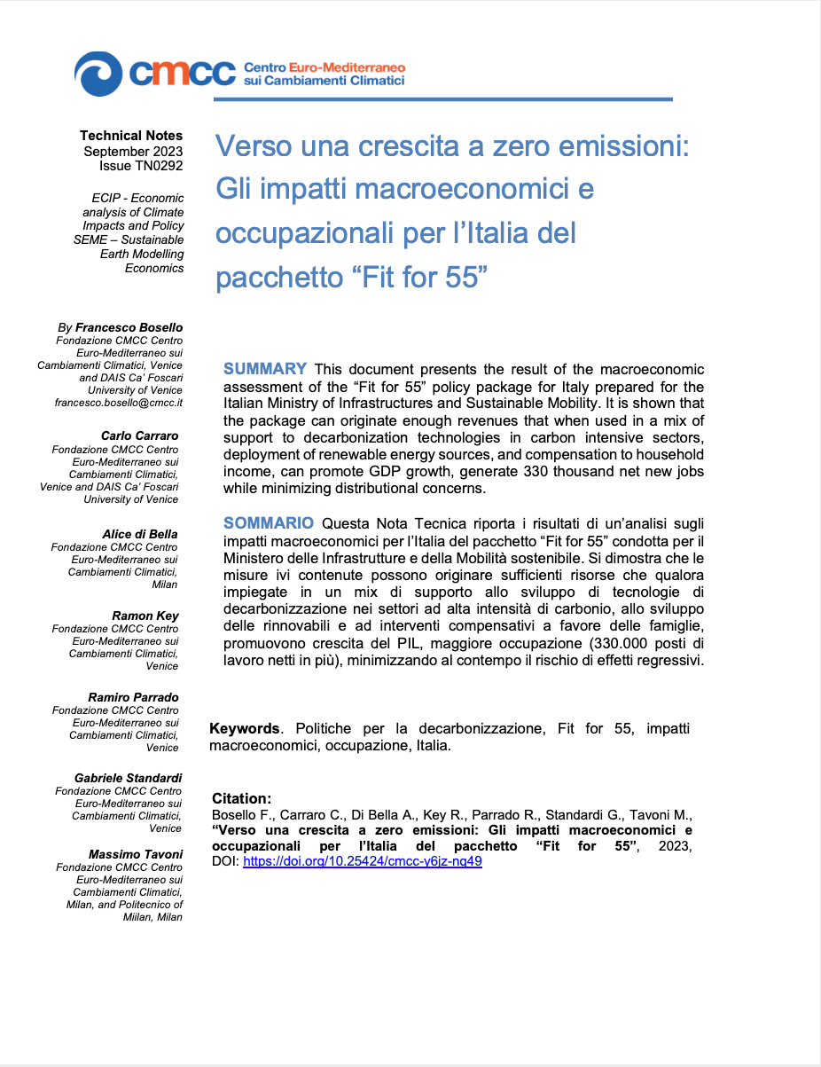 TN0292 – Verso una crescita a zero emissioni: Gli impatti macroeconomici e occupazionali per l’Italia del pacchetto “Fit for 55”